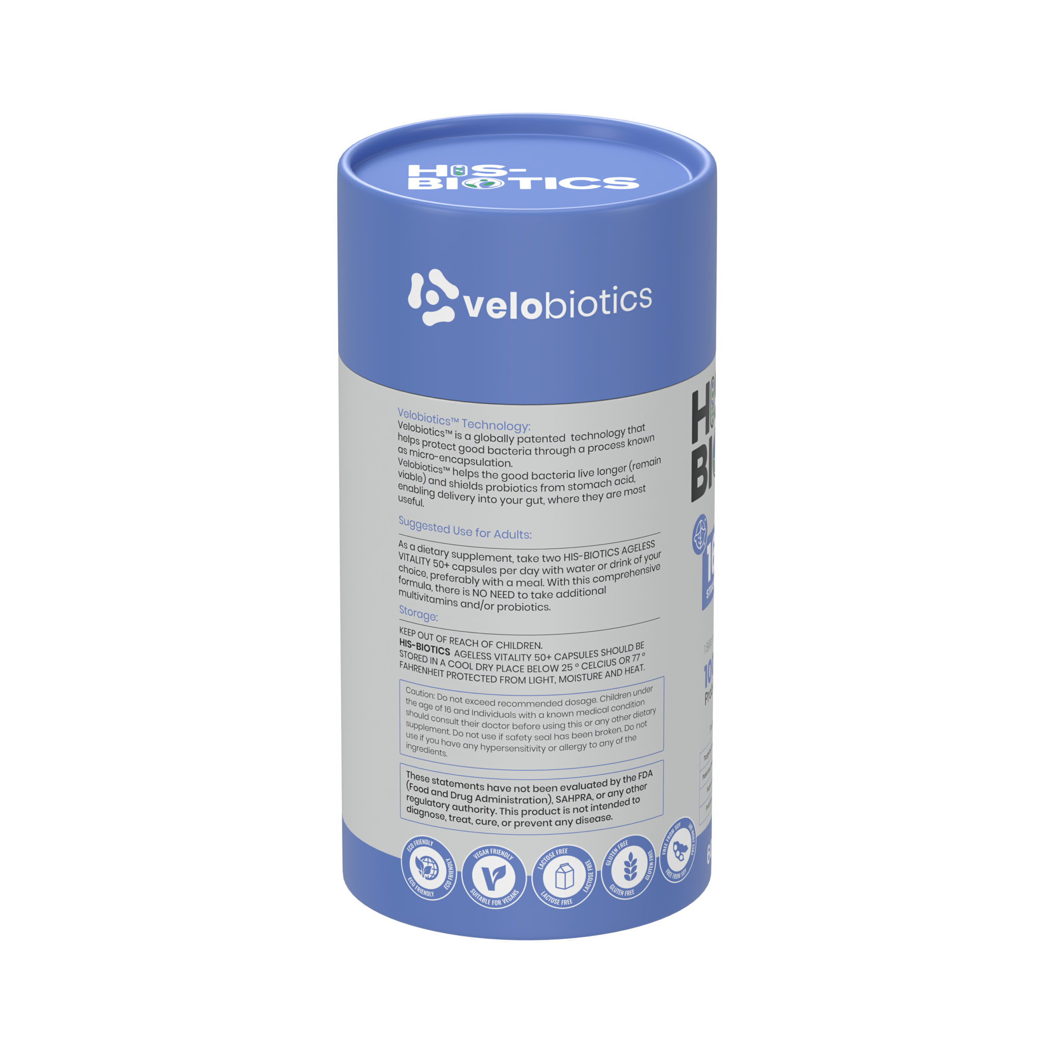 His-Biotics Original Ageless Vitality 50+ probiotic multivitamin for men with Velobiotics technology in blue container