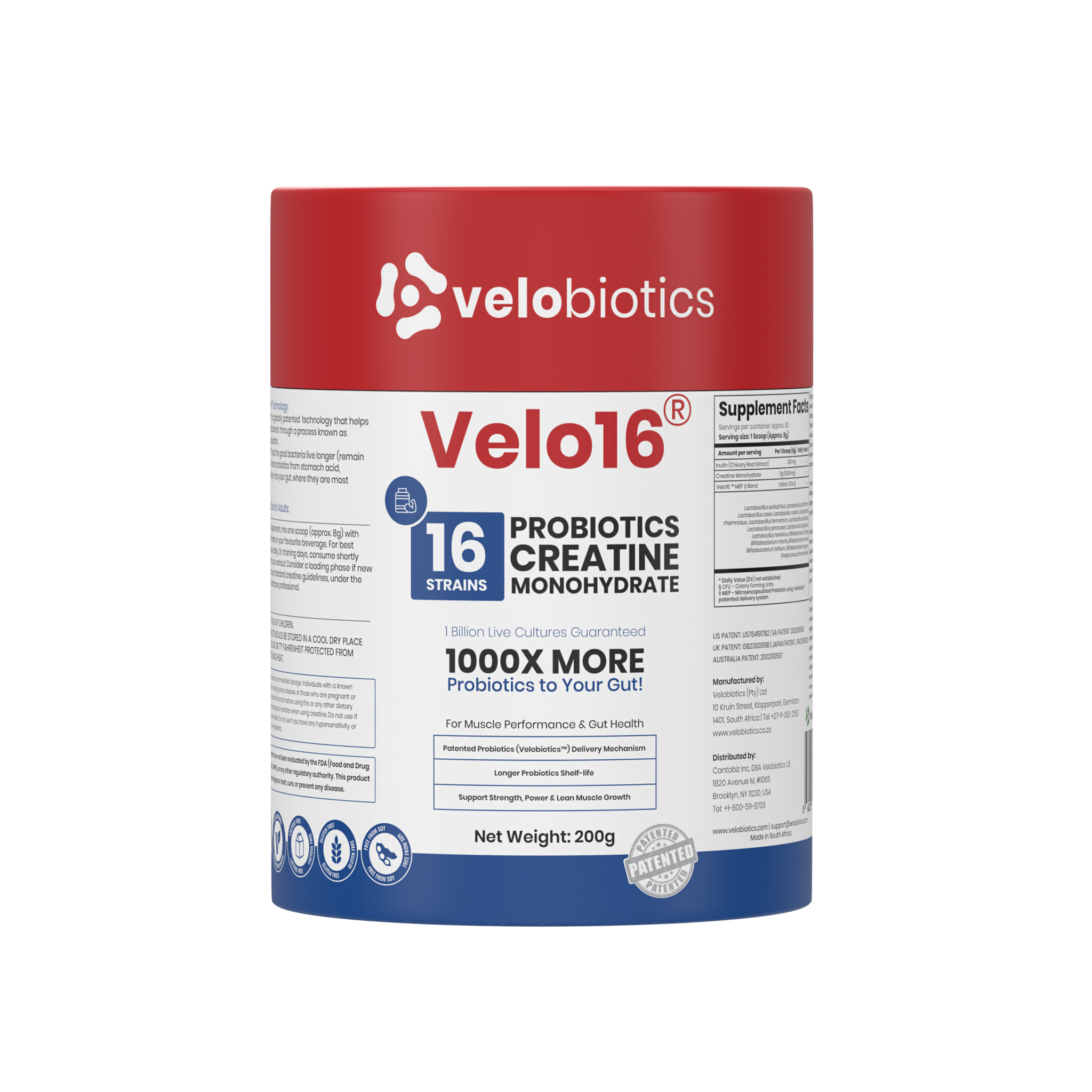 Velo16 Probiotics Creatine Monohydrate powder container for muscle performance and gut health supplement