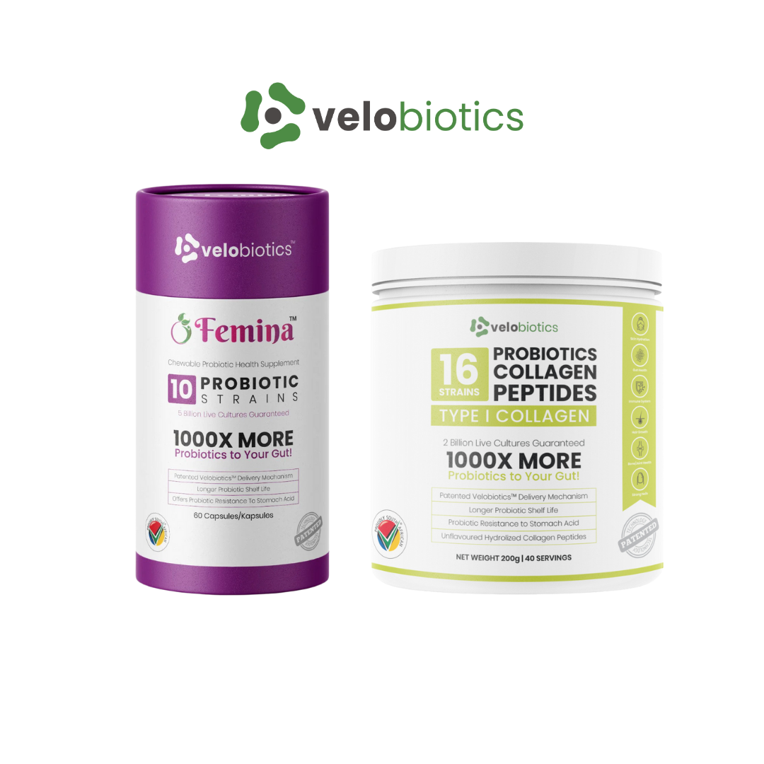 Velo16 Probiotic Digestive Capsules Glow and Gut Combo with Femina Probiotic Capsules and Collagen Peptides Powder for digestive health, skin glow, and immune support
