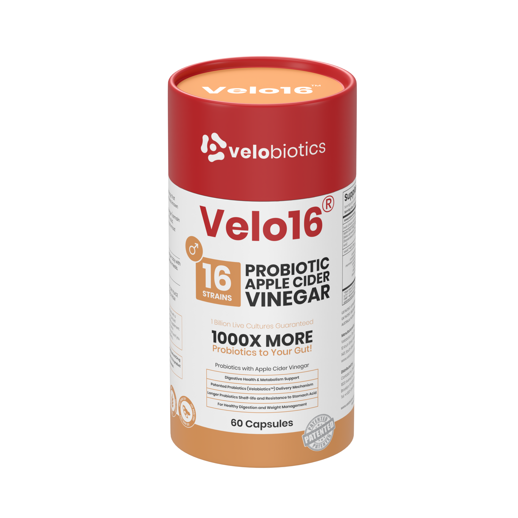Velo16 Probiotics Apple Cider Vinegar supplement bottle with 16 strains for digestive and metabolic support, 60 capsules.