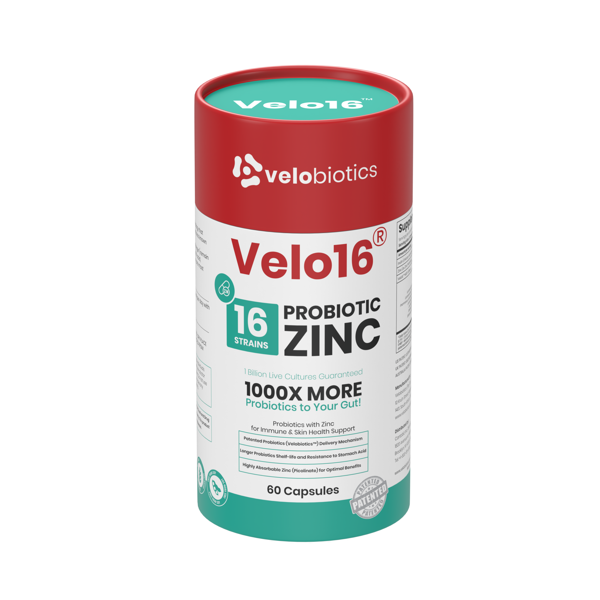 Velo16 Probiotics supplement with zinc picolinate for immune and skin health, 60 capsules bottle